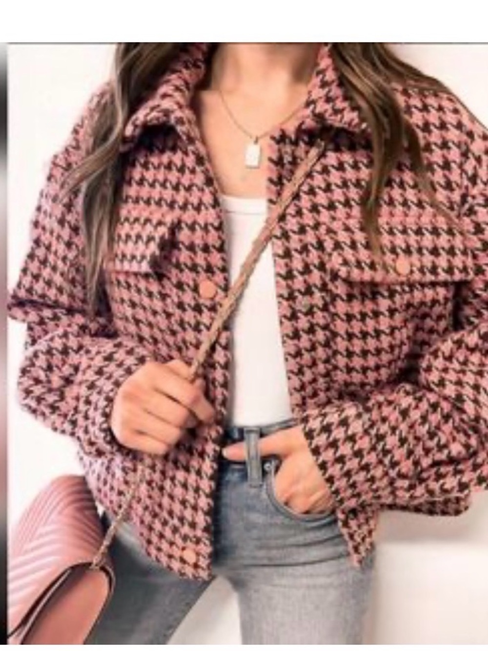 New Pink Houndstooth Cropped Jacket - Women's Stylish Outerwear